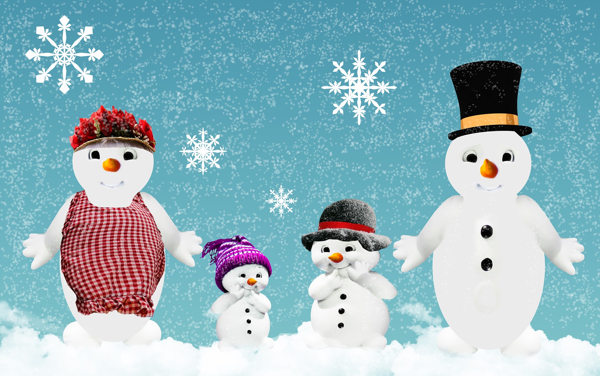 Three Snowman on a snowy blue background.